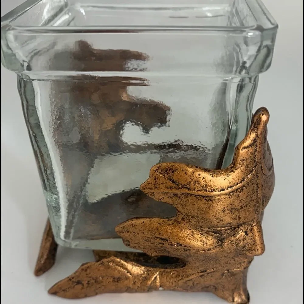Copper Leaf Clear Heavy Canadian Glass Face Votive Candle Holder Set 2 Used